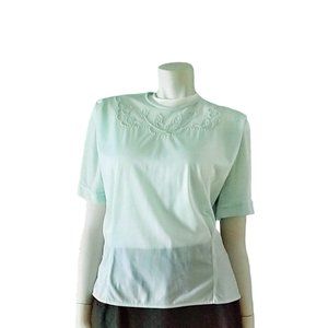 1950s Vintage Mint Green Nylon Short Sleeve Blouse With Yoke Designs Extra Large